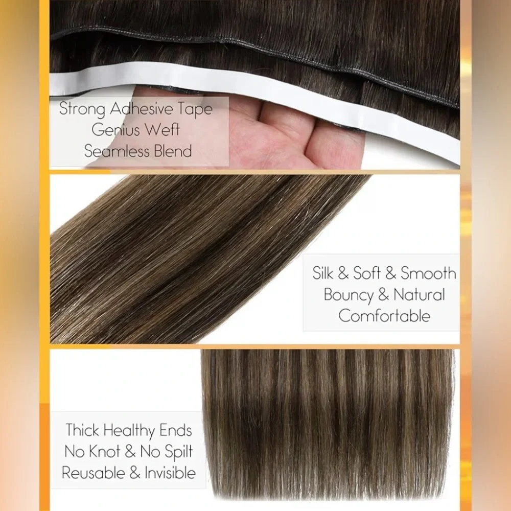 Dark Brown Chestnut Brown Human Hair Hand Tied 22 Inch Tape In Hair Extensions
